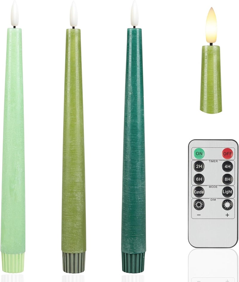 AFINETH Green Flameless Taper Candles, 9.6" Real Wax Battery Operated Candles with Remote, 3 Pack Flickering, Gradient Candlesticks, Fake Candle for Home, Wedding, Party Decor - Image 1